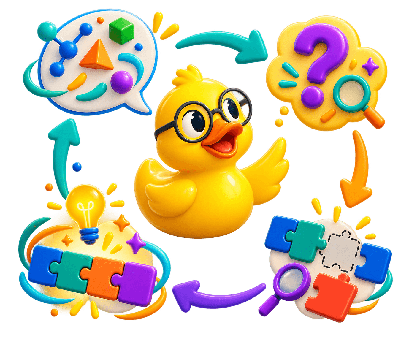 Ducky guiding a four-step learning loop from explaining, to questioning, finding a gap, and connecting the idea