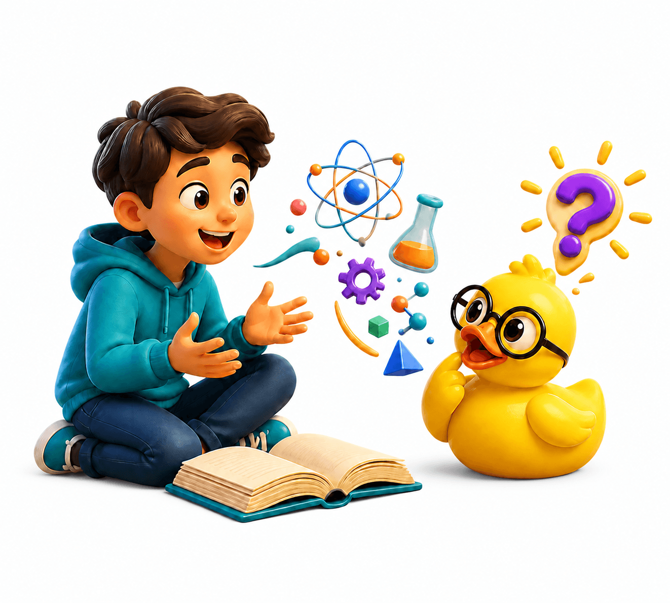 A child explaining science ideas aloud while Ducky listens and asks a curious question