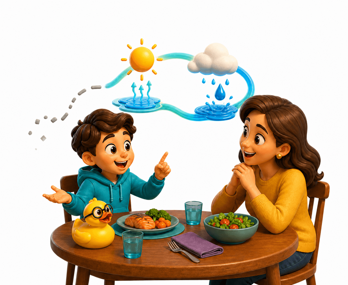 A child clearly explaining the water cycle at dinner while a parent listens with delight