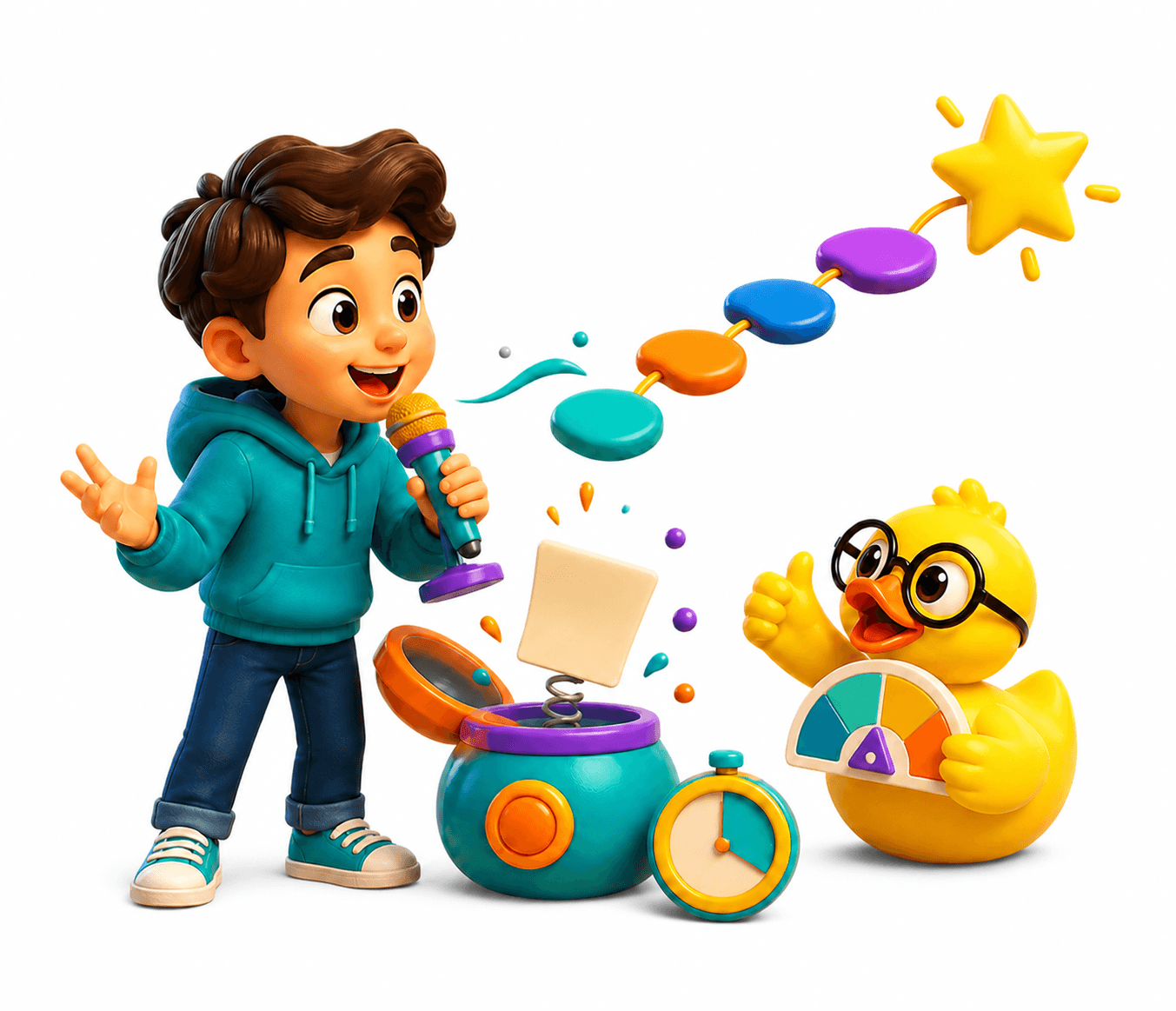 A child confidently answering a surprise speaking prompt while Ducky gives encouraging feedback